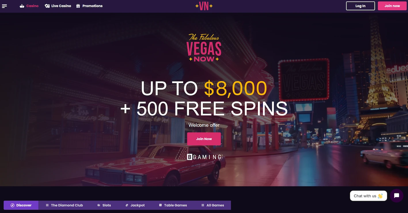 VegasNow casino page showing welcome offer and main site navigation
